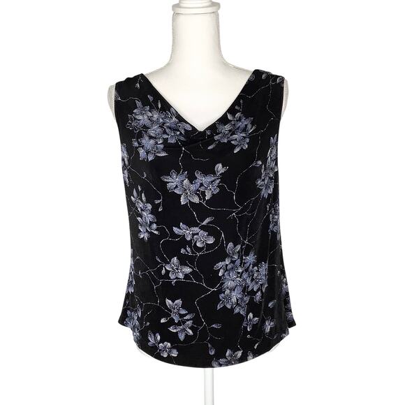 Bay Studio Evenings Black  Blue Floral Sparkle Cowl Neck Jersey Tank Top  Medium - Picture 1 of 5